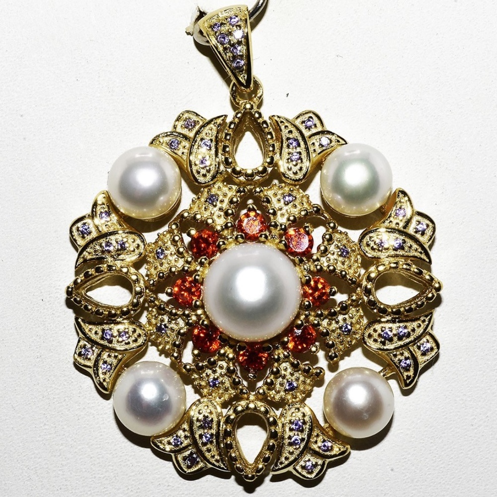 $600 .925 Sterling Silver .70CT Natural Gemstones & Pearl Cluster Dangle Pendant